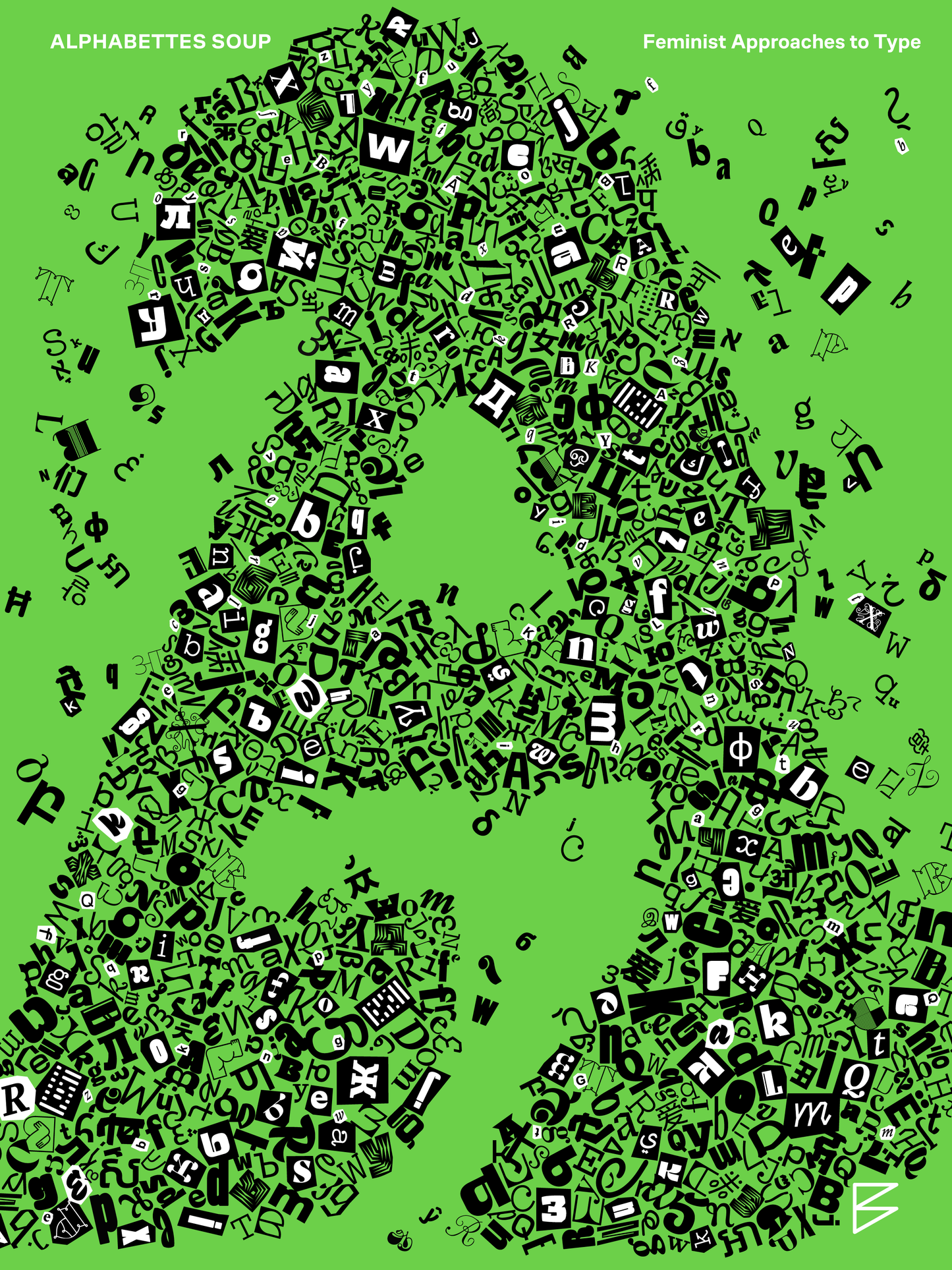 Cover of the book 'Alphabettes Soup: Feminist Approaches to Type' with green, white and black text on a green background